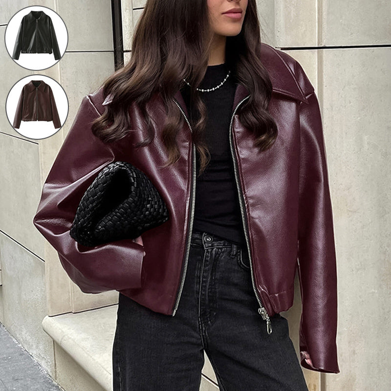 Solid Color Lapel Zipper Jacket Fashion Casual Long Sleeve Leather Coat Tops Women Clothing Demandx