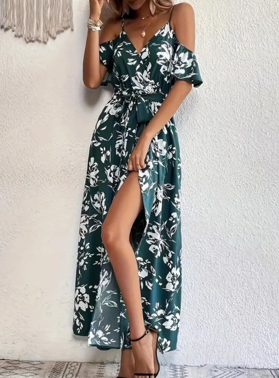 Flower Print Split Suspender Dress With Lace-up Design Summer Fashion Long Dresses Beach Clothing For Women Demandx