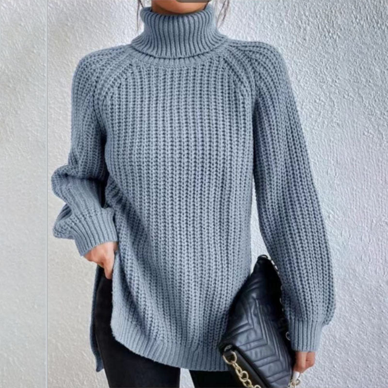 Turtleneck Pullover Sweater With Split Design Fashion Simple Solid Color Long Sleeve Tops Women's Clothing Demandx