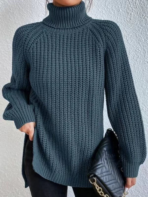 Turtleneck Pullover Sweater With Split Design Fashion Simple Solid Color Long Sleeve Tops Women's Clothing Demandx