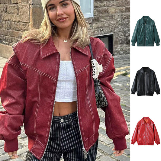 Loose Fashion Lapel Zip-up Jacket Cool Long Sleeve Zipper Closure Moto Biker Leather Jacket Womens Clothing Demandx