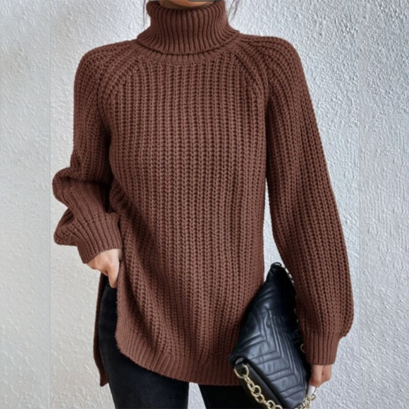 Turtleneck Pullover Sweater With Split Design Fashion Simple Solid Color Long Sleeve Tops Women's Clothing Demandx