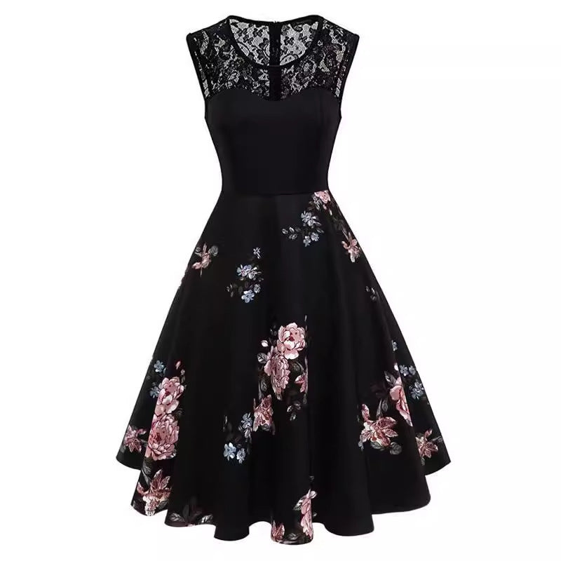 Lace Stitching Sleeveless Hot-selling Floral-print Retro Dress Demandx