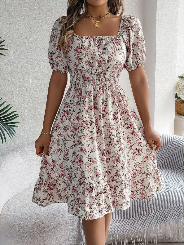 Spring Summer Casual Vacation Puff Sleeve Drawstring Short Sleeve Floral Dress Demandx