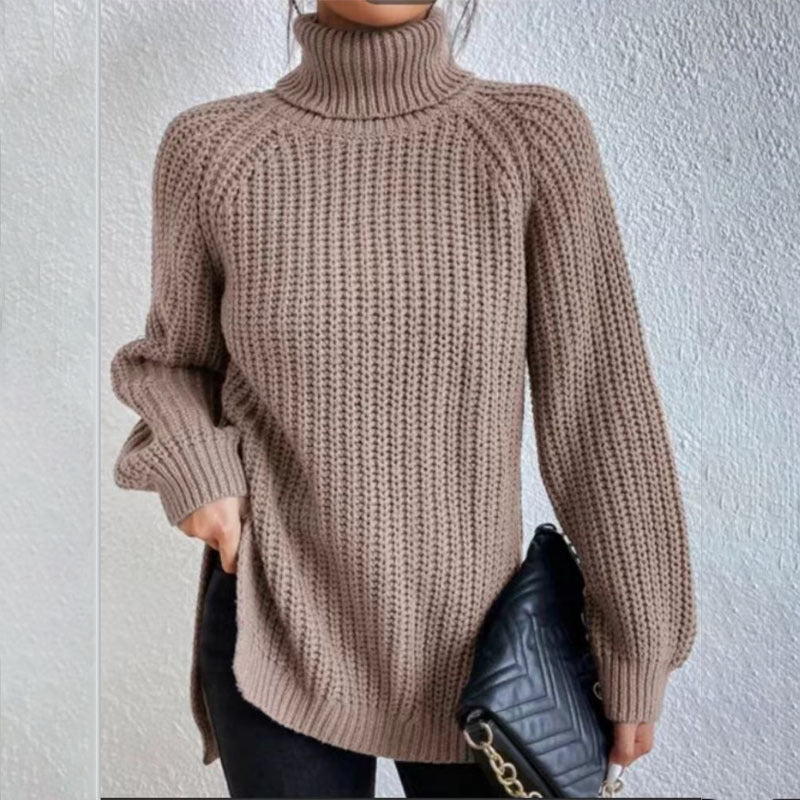 Turtleneck Pullover Sweater With Split Design Fashion Simple Solid Color Long Sleeve Tops Women's Clothing Demandx