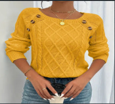 Square Neck Knitted Sweater With Button Design Winter Warm Long Sleeve Tops Women's Clothing Demandx